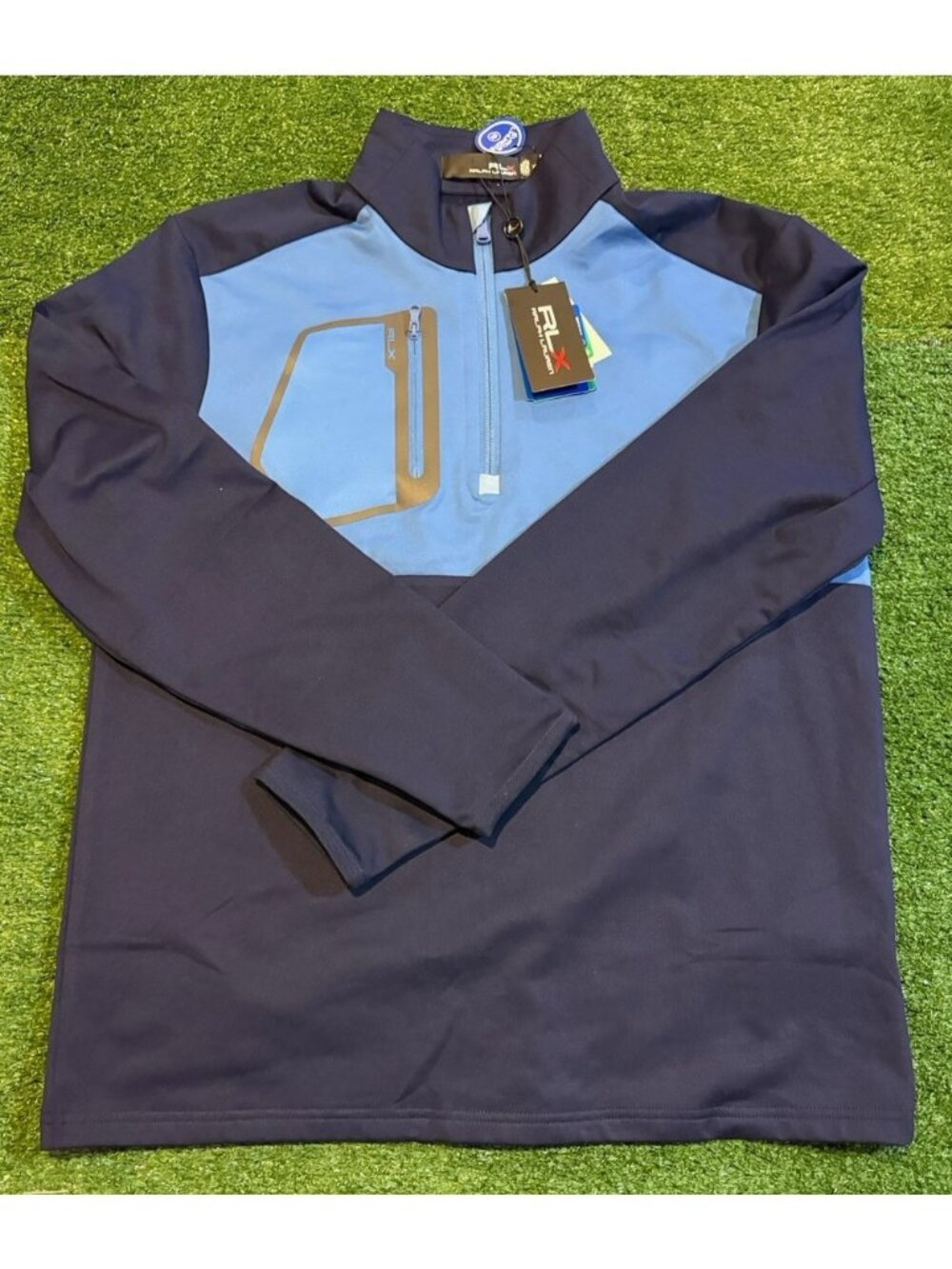 RLX Ralph Lauren 1/4 zip mens medium blue lighweight moisture wicking colorblock